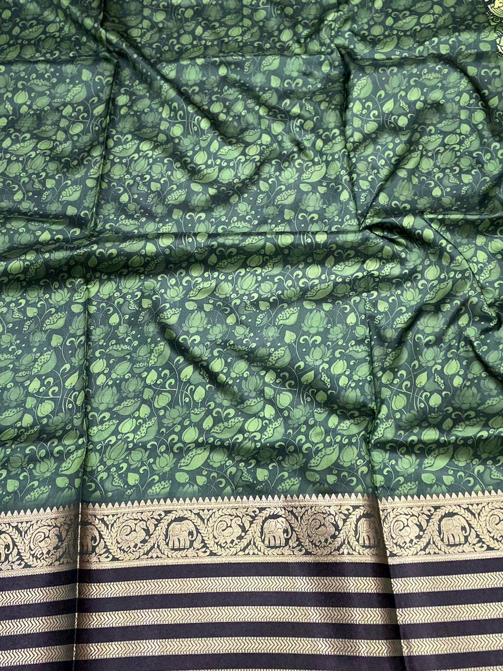 Parrot Green Kalamkari Printed Banarasi Saree