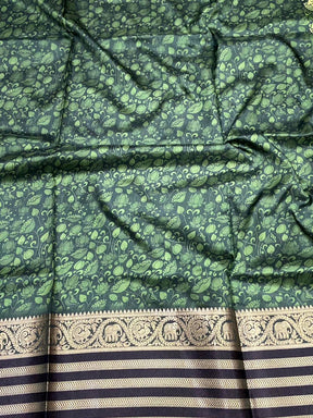 Parrot Green Kalamkari Printed Banarasi Saree