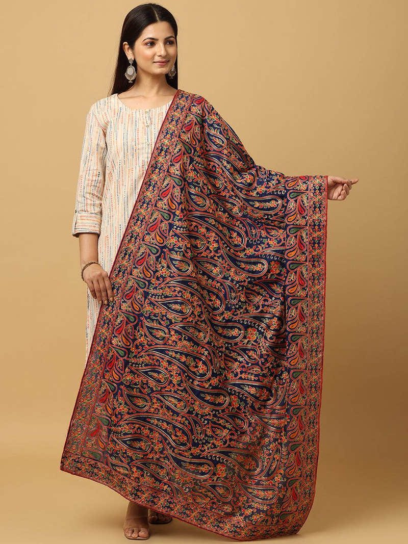 Navy Fine Paisley Jaal Pashmina Dupatta