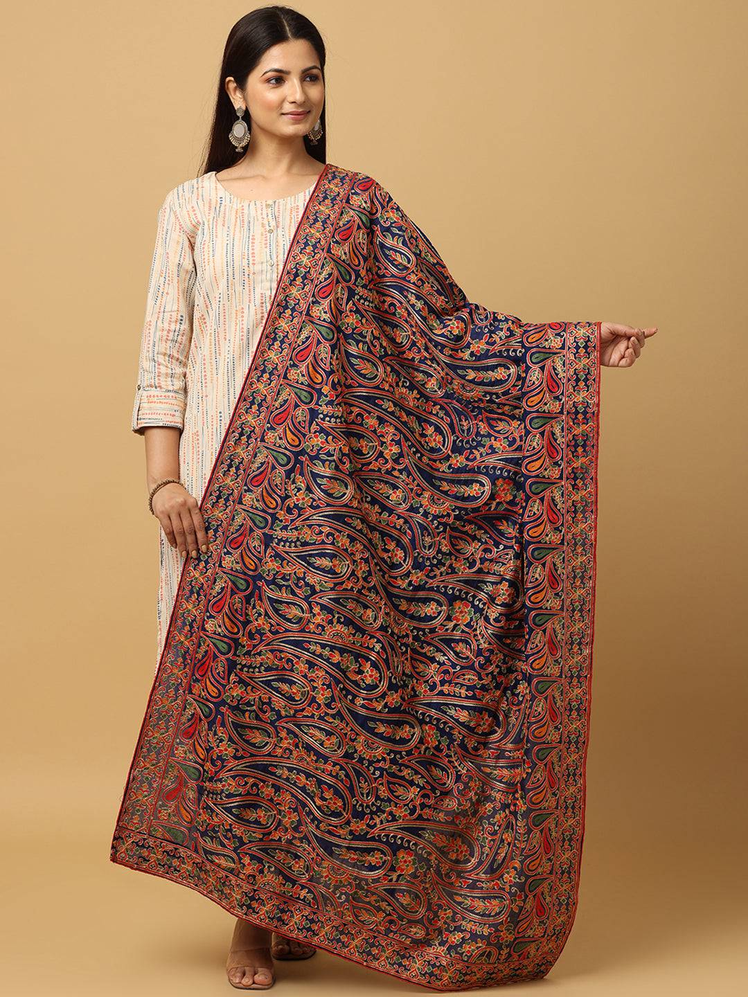 Navy Poly Chiffon Pashmina Dupatta with threadwork