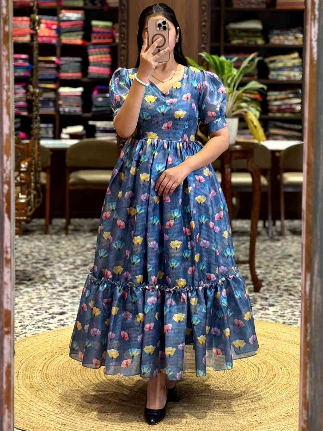 Denim Blue Floral Print Midi Dress