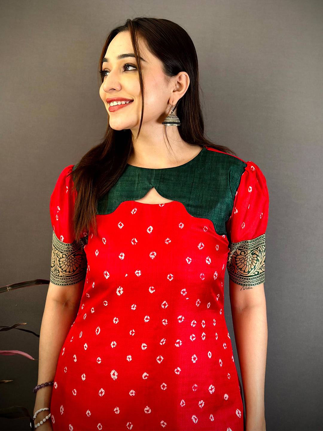 Red Soft Dola Silk Round Neck Kurti