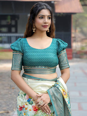 Light Green Colour Phulkari Design Zari Weaving Pallu Saree