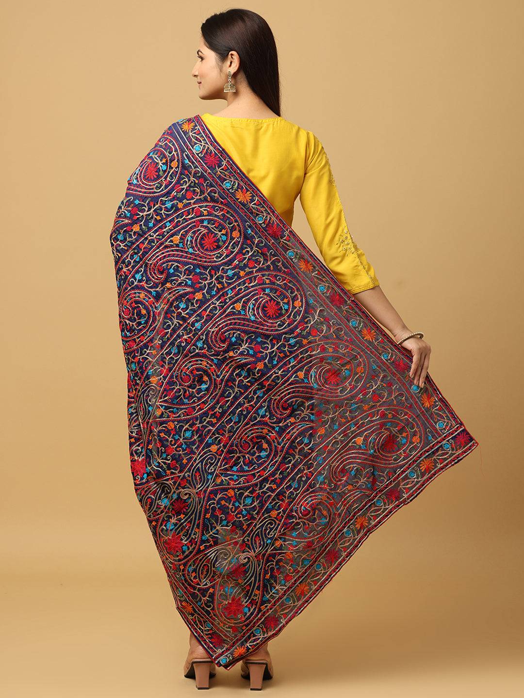 Back view of embroidered poly chiffon pashmina dupatta