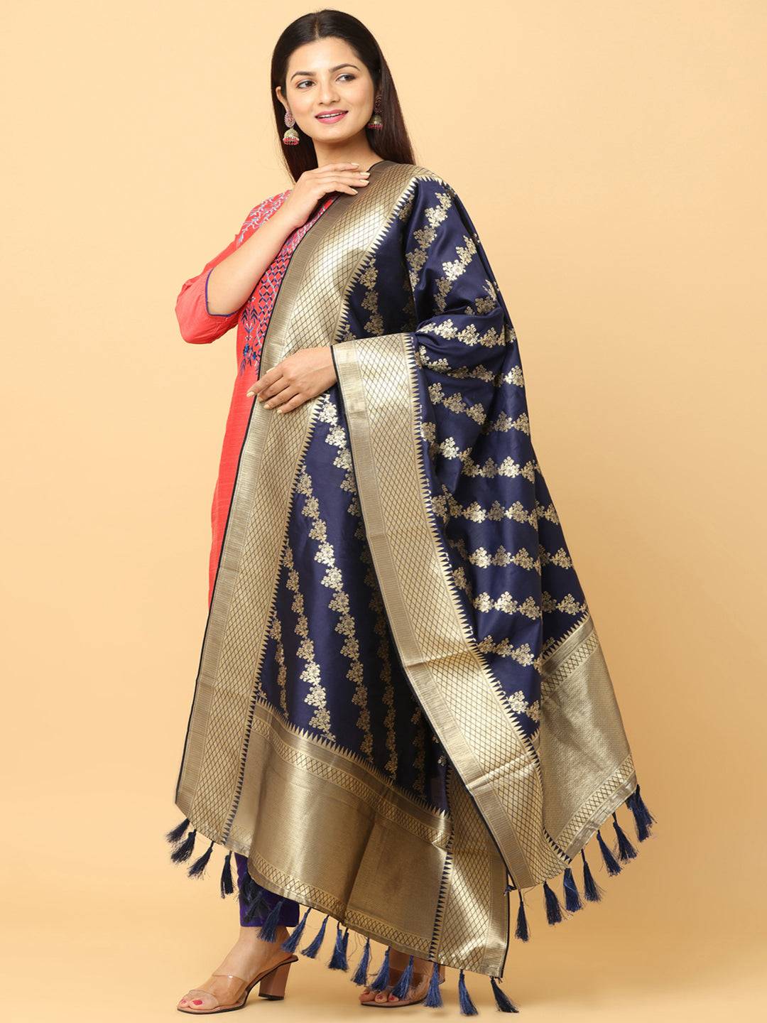 Model showcasing navy woven design dupatta