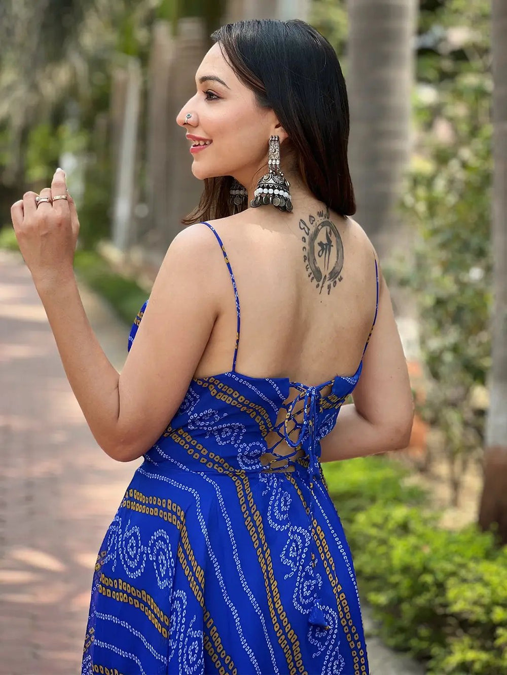 Back view of Royal Blue Bandhej Dress with lace-up detail