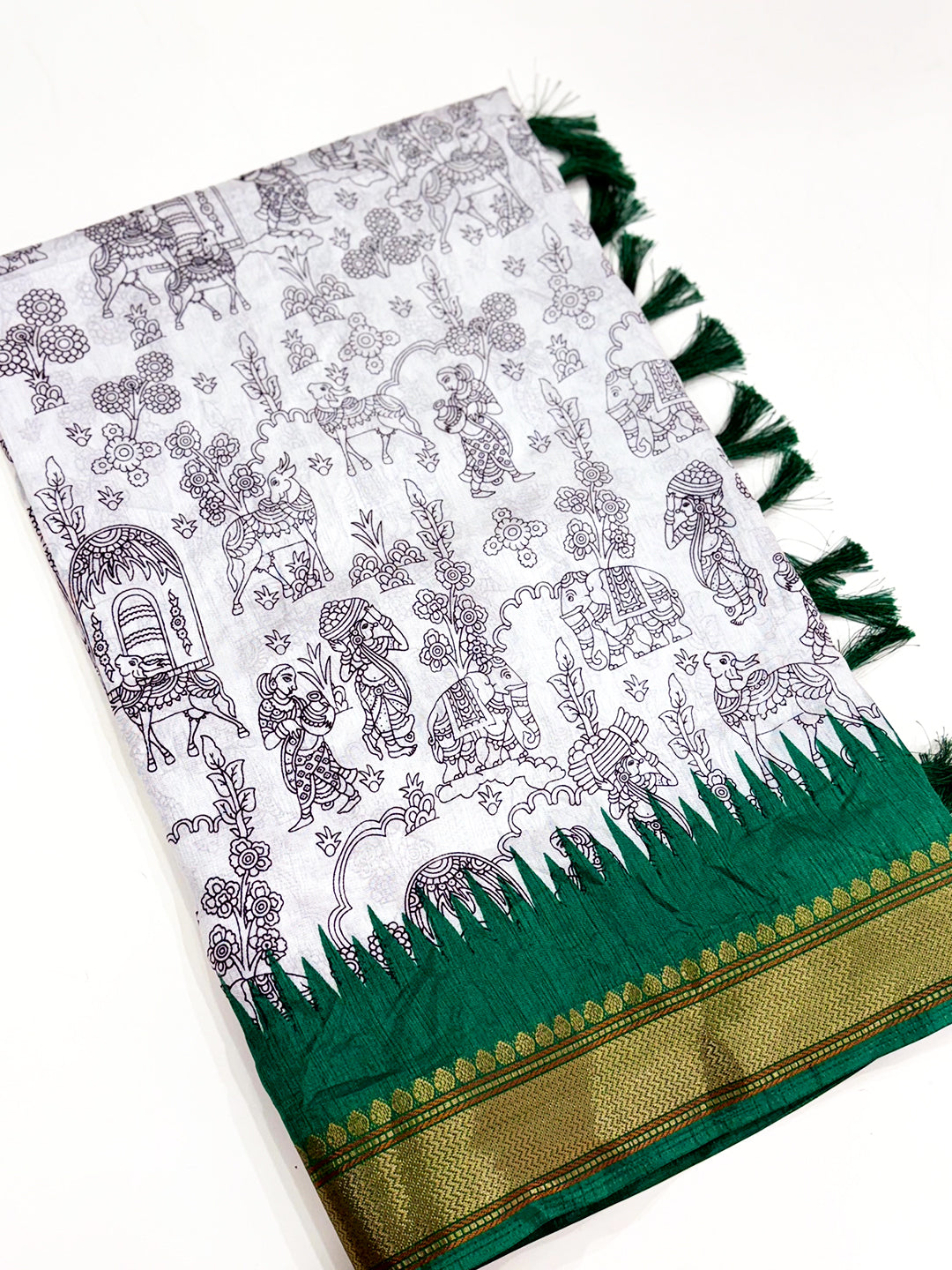 Green Pen Kalamkari Printed Dola Silk Saree