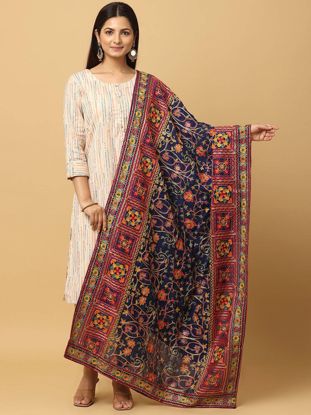 Traditional poly chiffon pashmina dupatta with threadwork