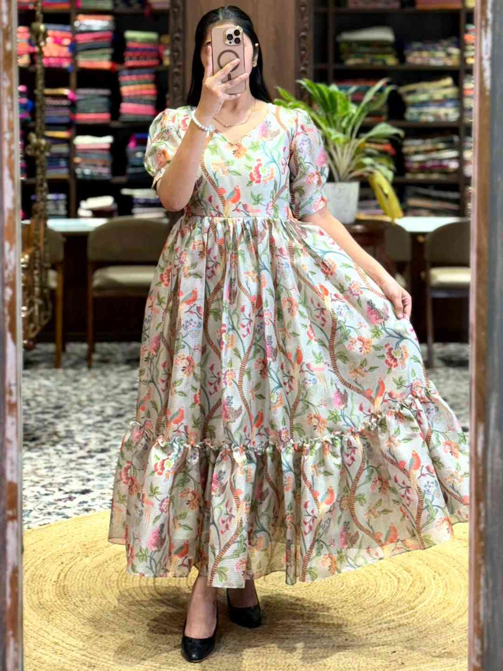 Light Beige Floral Print Midi Dress