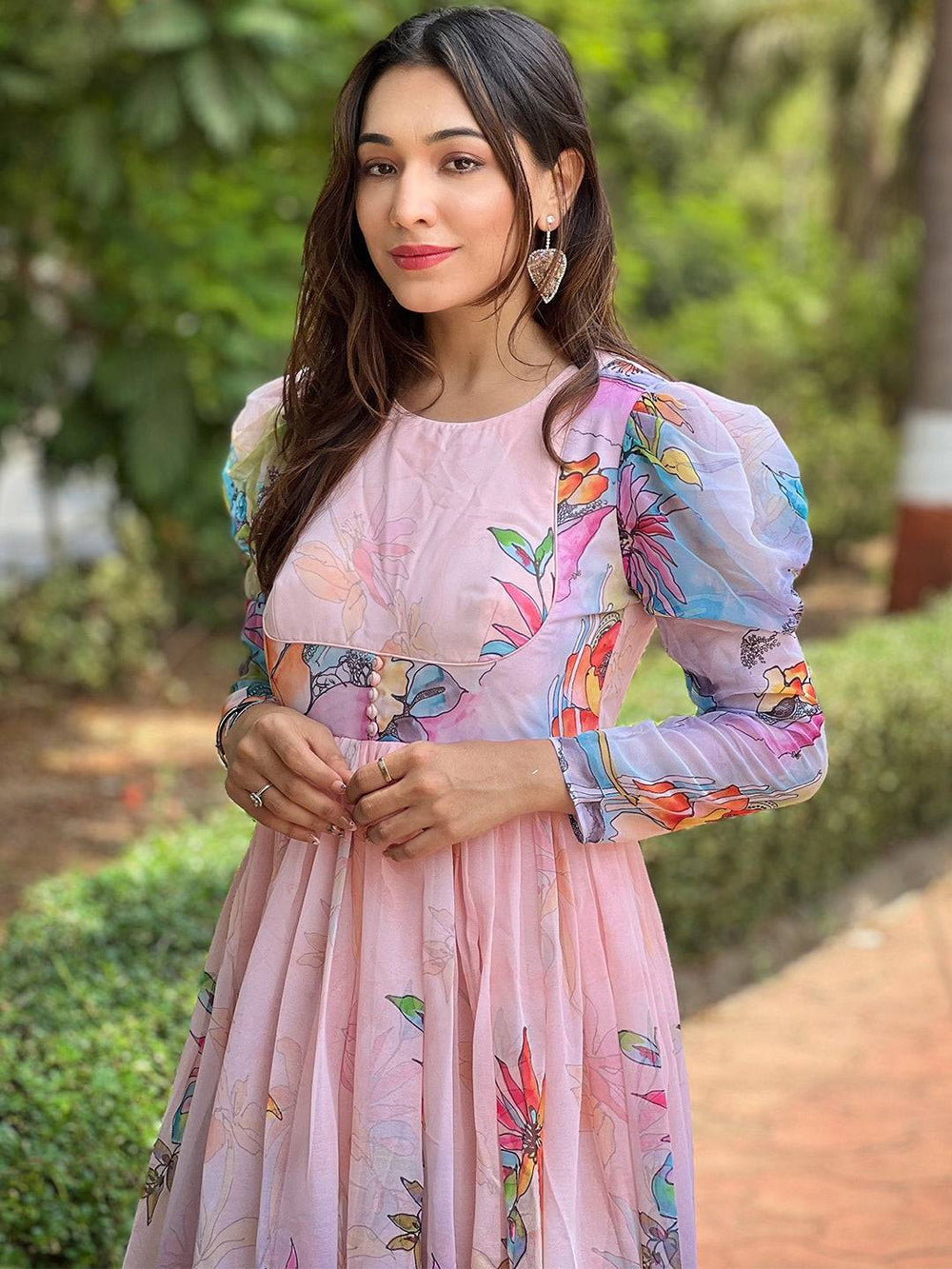 Close-up of floral print dress with detailed pattern