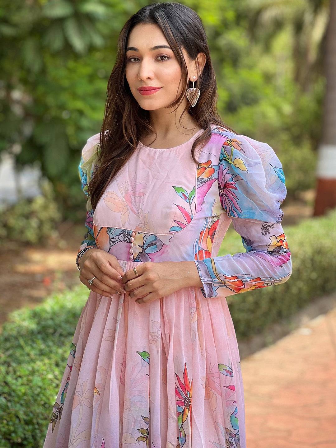 Close-up of floral print dress with detailed pattern