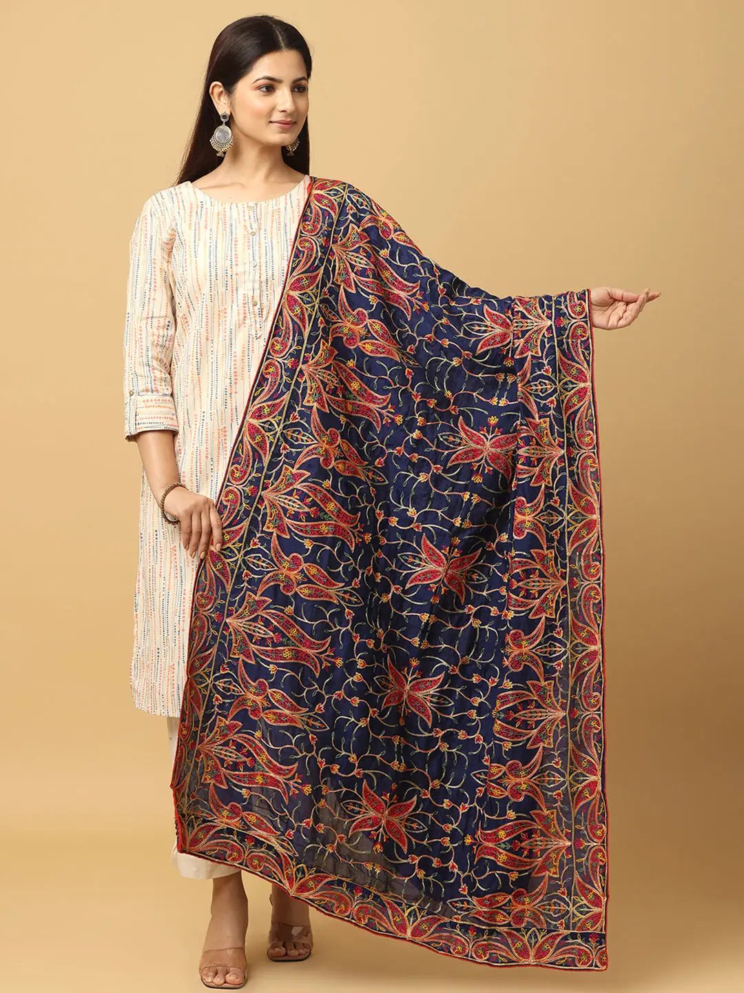Navy chiffon dupatta with intricate threadwork design.