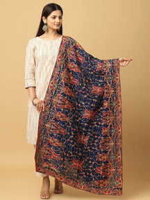 Navy chiffon dupatta with intricate threadwork design.