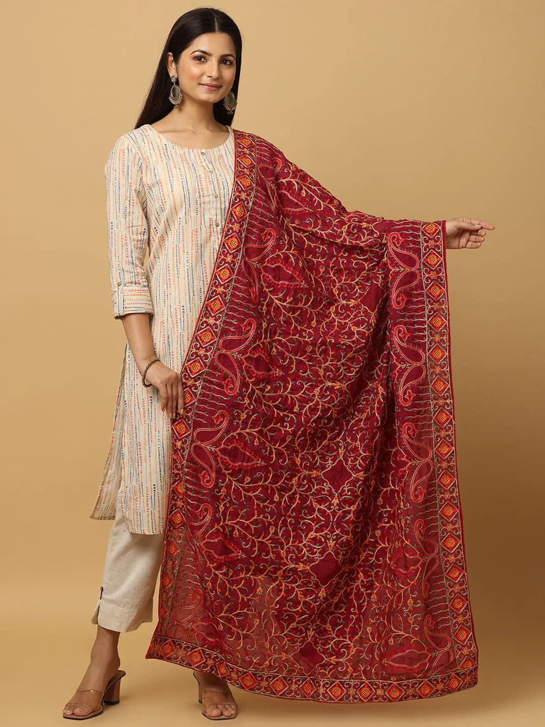 Wine Poly Chiffon Pashmina Dupatta with Threadwork