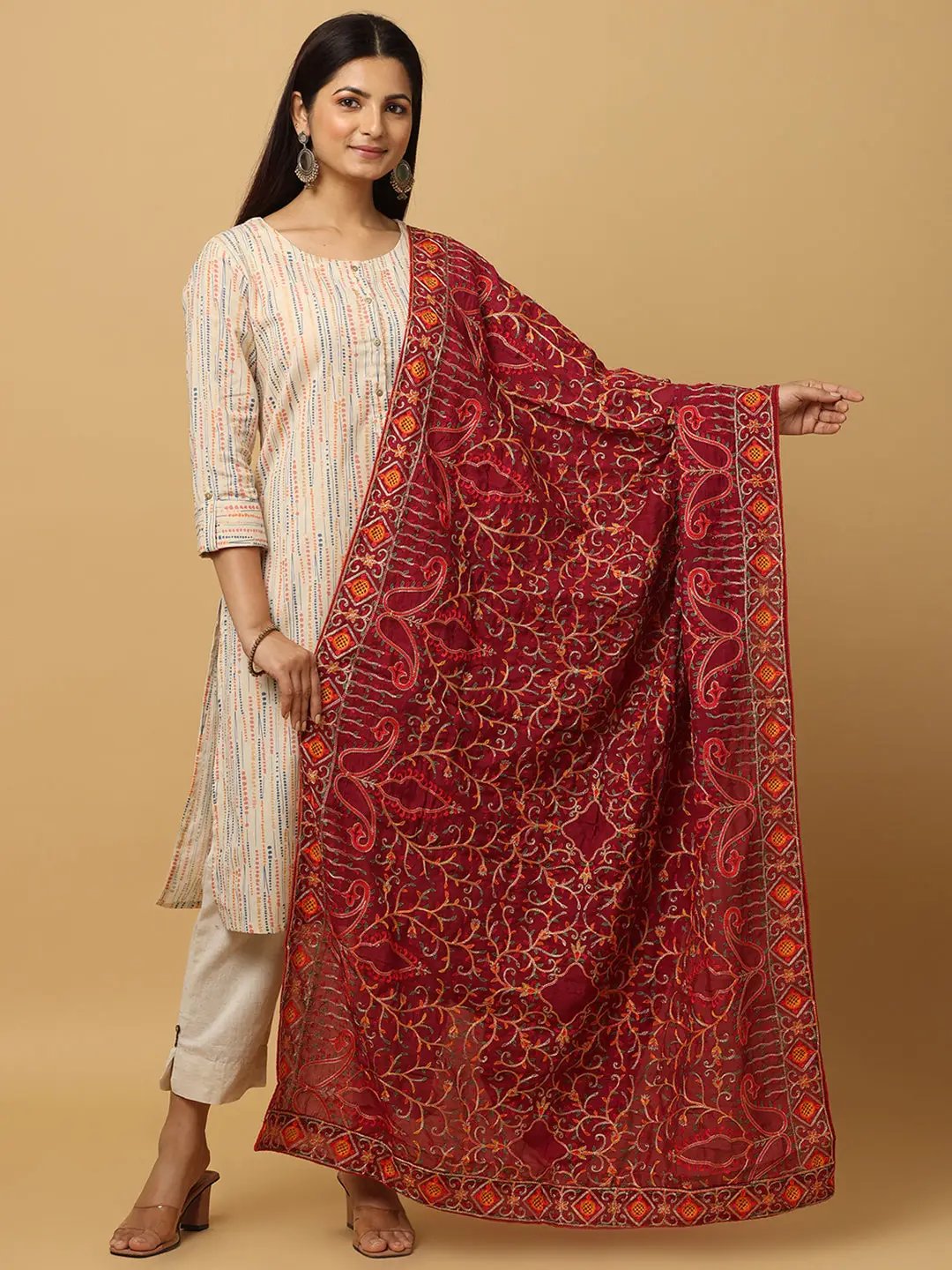 Wine Poly Chiffon Pashmina Dupatta with Threadwork