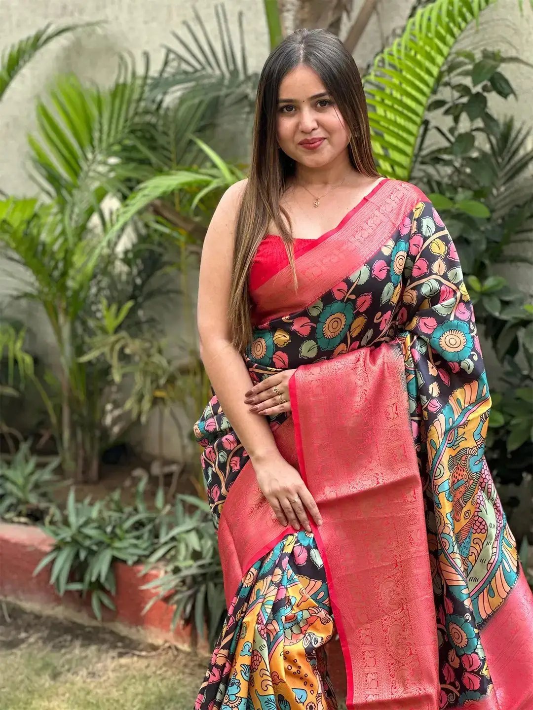 Black and red soft silk saree with Kalamkari design