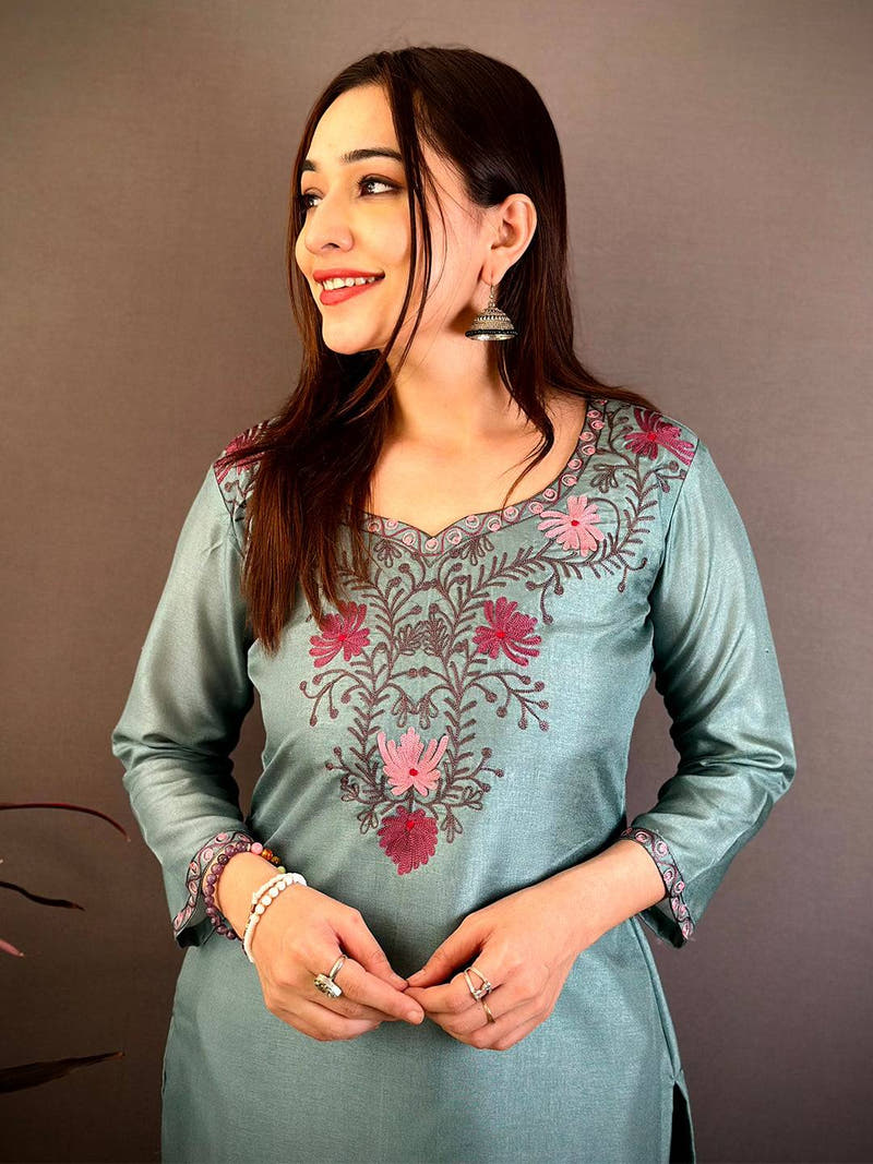 Stylish Paan Neck Ari Work Cotton Kurti