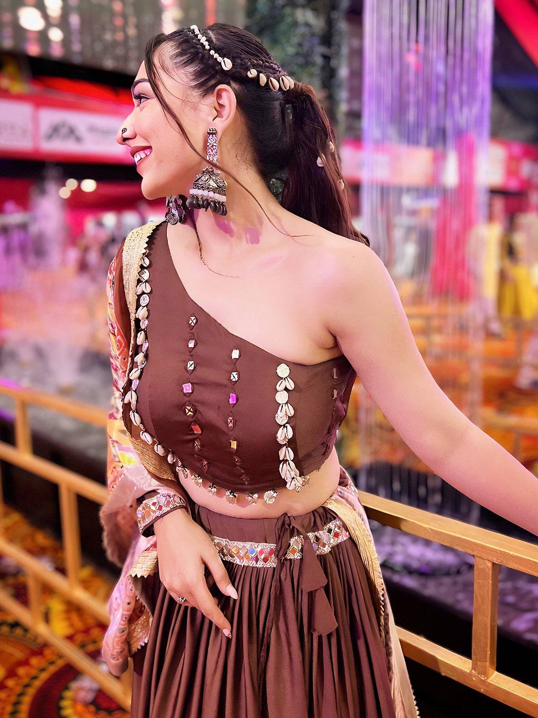 Deep Brown Mirror Work Lehenga