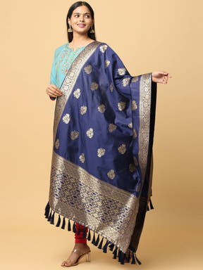 Navy silk blend dupatta with detailed woven design