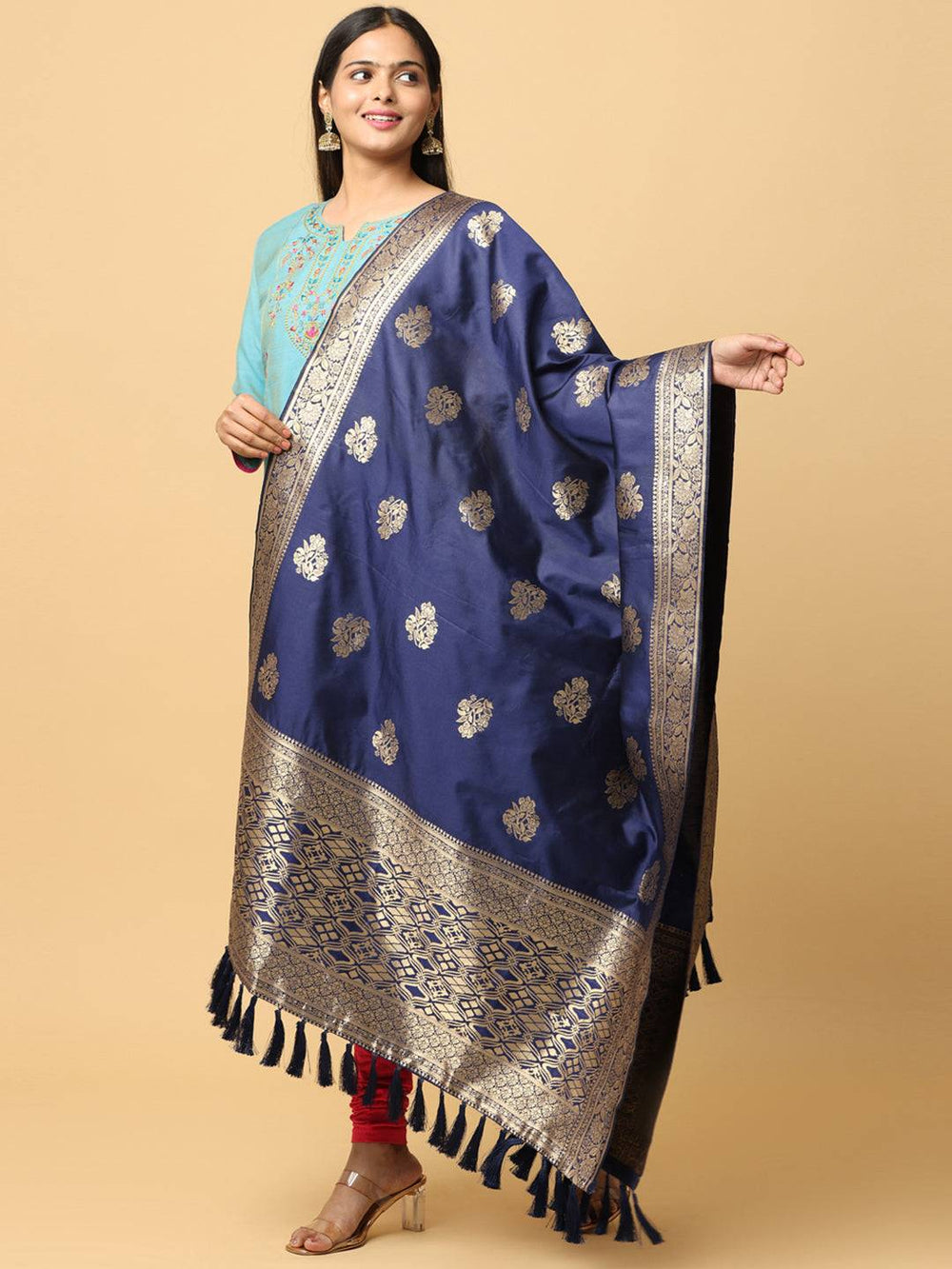 Navy silk blend dupatta with detailed woven design