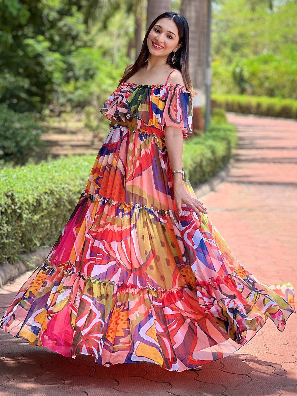 Tropical printed maxi dress with ruffled layers