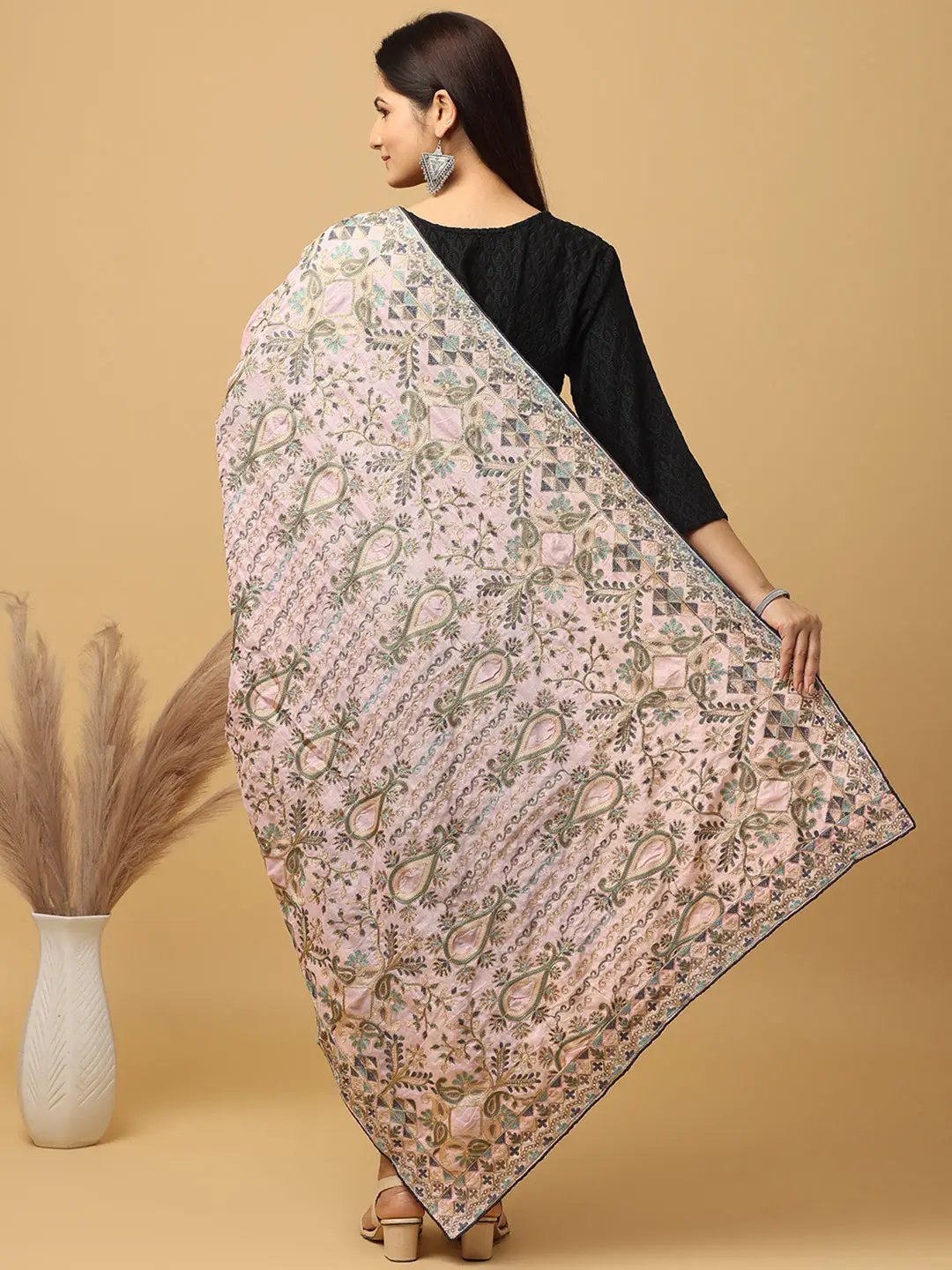 Back view of pink chiffon dupatta with ethnic motifs