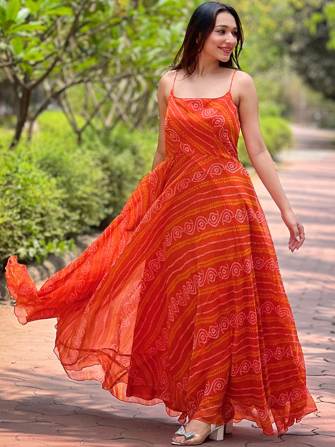 Orange Colour Georgette Bandhej Printed Dress
