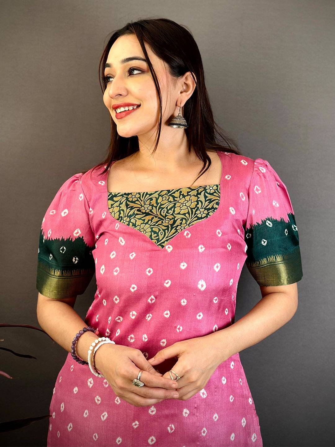 Pink Soft Dola Silk Paan Neck Kurti