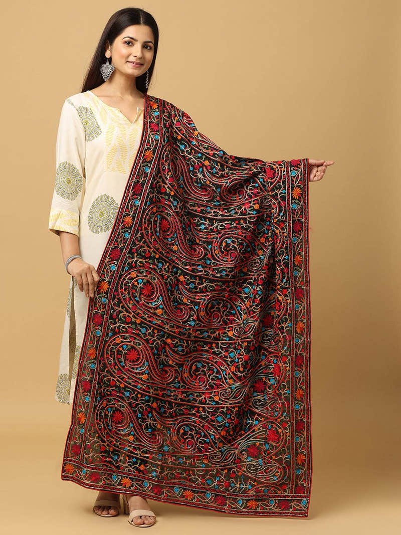 Black Green Red Floral Jaal Pashmina Dupatta