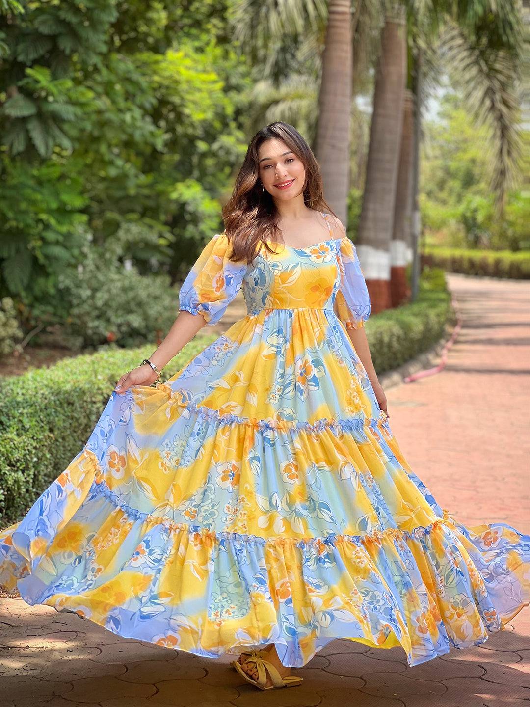 Georgette Masha Yellow Floral Dress twirling
