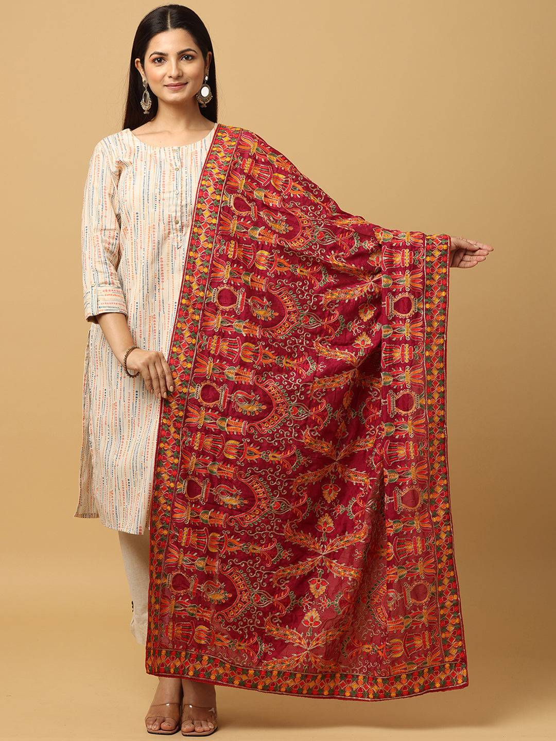 Wine Colour Poly Chiffon Pashmina Threadwork Dupatta