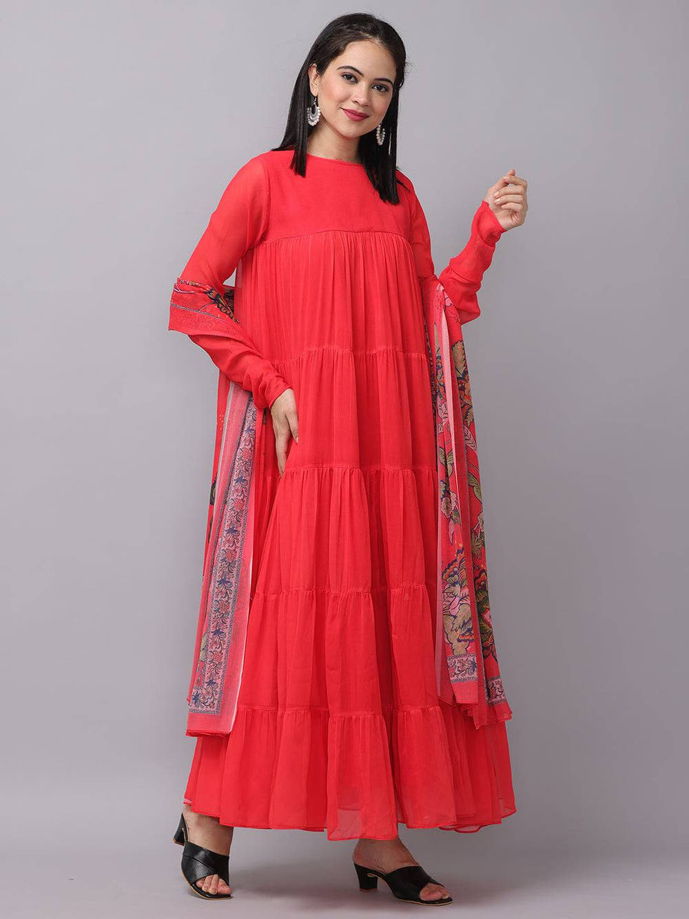 Fiery Red Churidar Sleeves Dress with dupatta