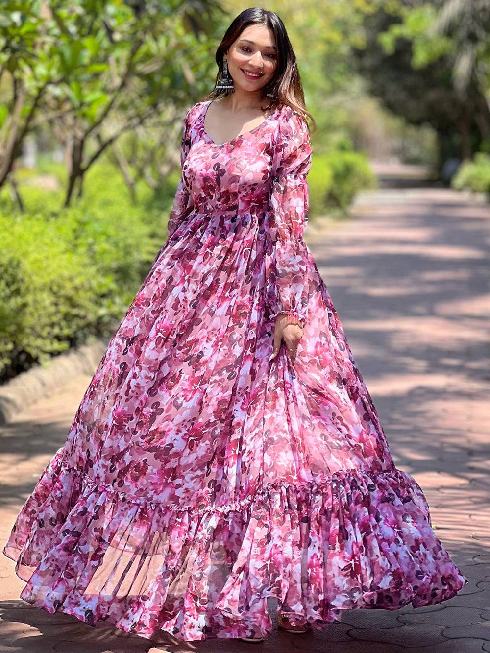 Chic Wine Floral Bundl Print Dress with ruffled hem
