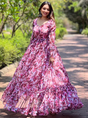 Chic Wine Floral Bundl Print Dress with ruffled hem