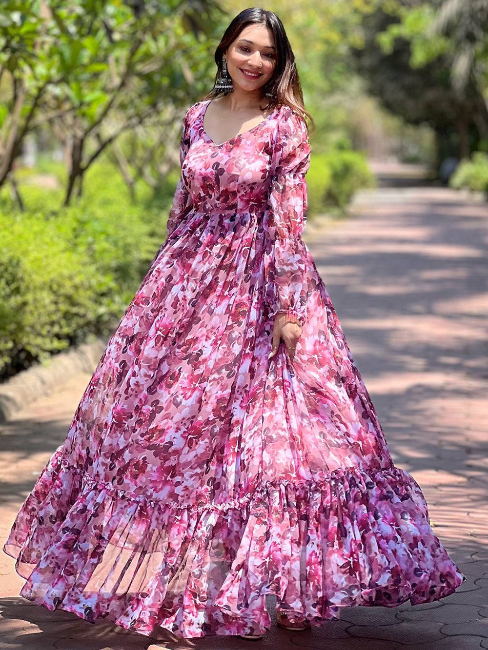 Chic Wine Floral Bundl Print Dress with ruffled hem