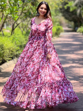 Chic Wine Floral Bundl Print Dress with ruffled hem