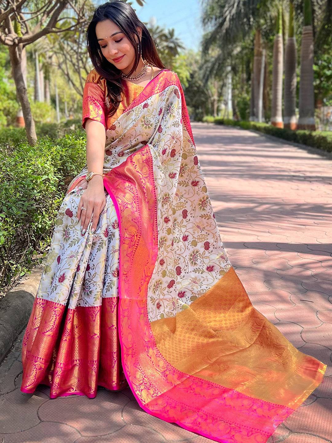 Elegant Banarasi Tissue Silk Saree in Off White and Pink