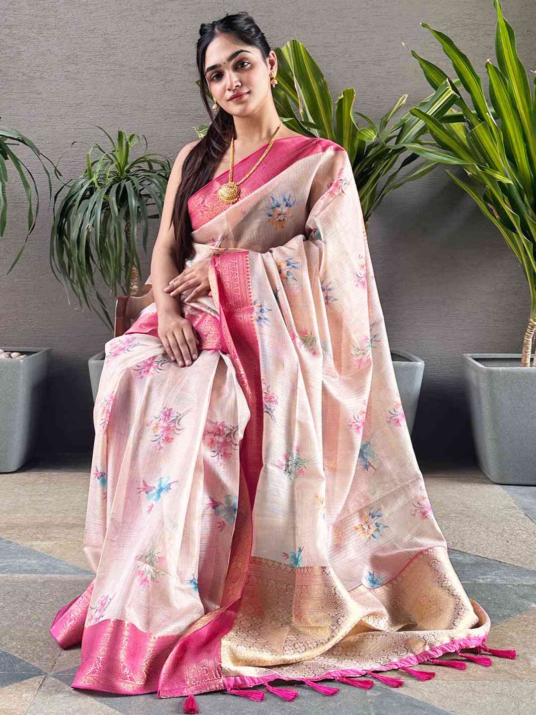 Peach digital flower print Kota silk saree with pink border