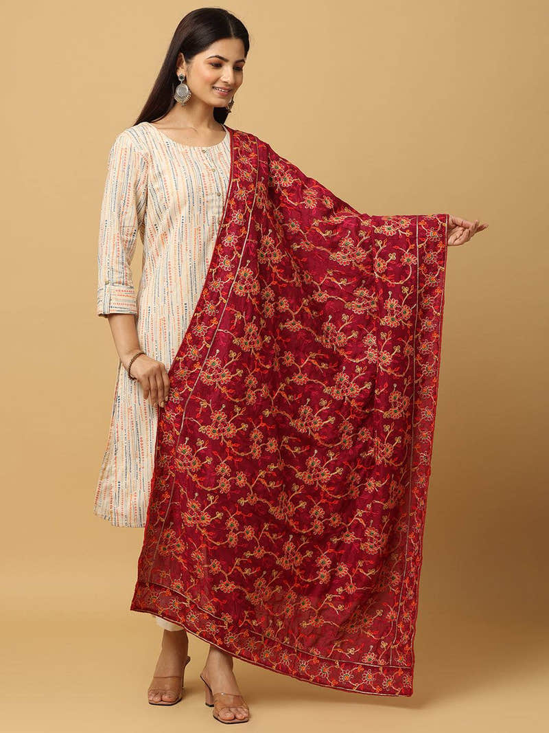 Wine Deep Floral Spray Pashmina Dupatta