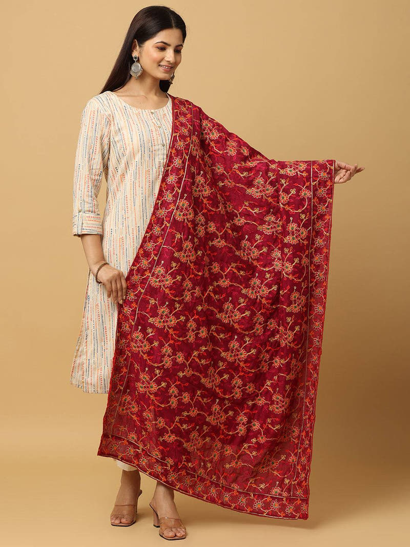 Wine color pashmina threadwork dupatta draped over shoulder