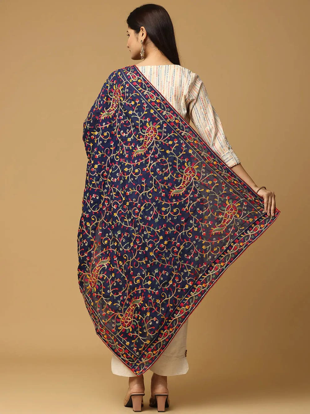 Back view of Navy Pashmina Dupatta with vibrant embroidery