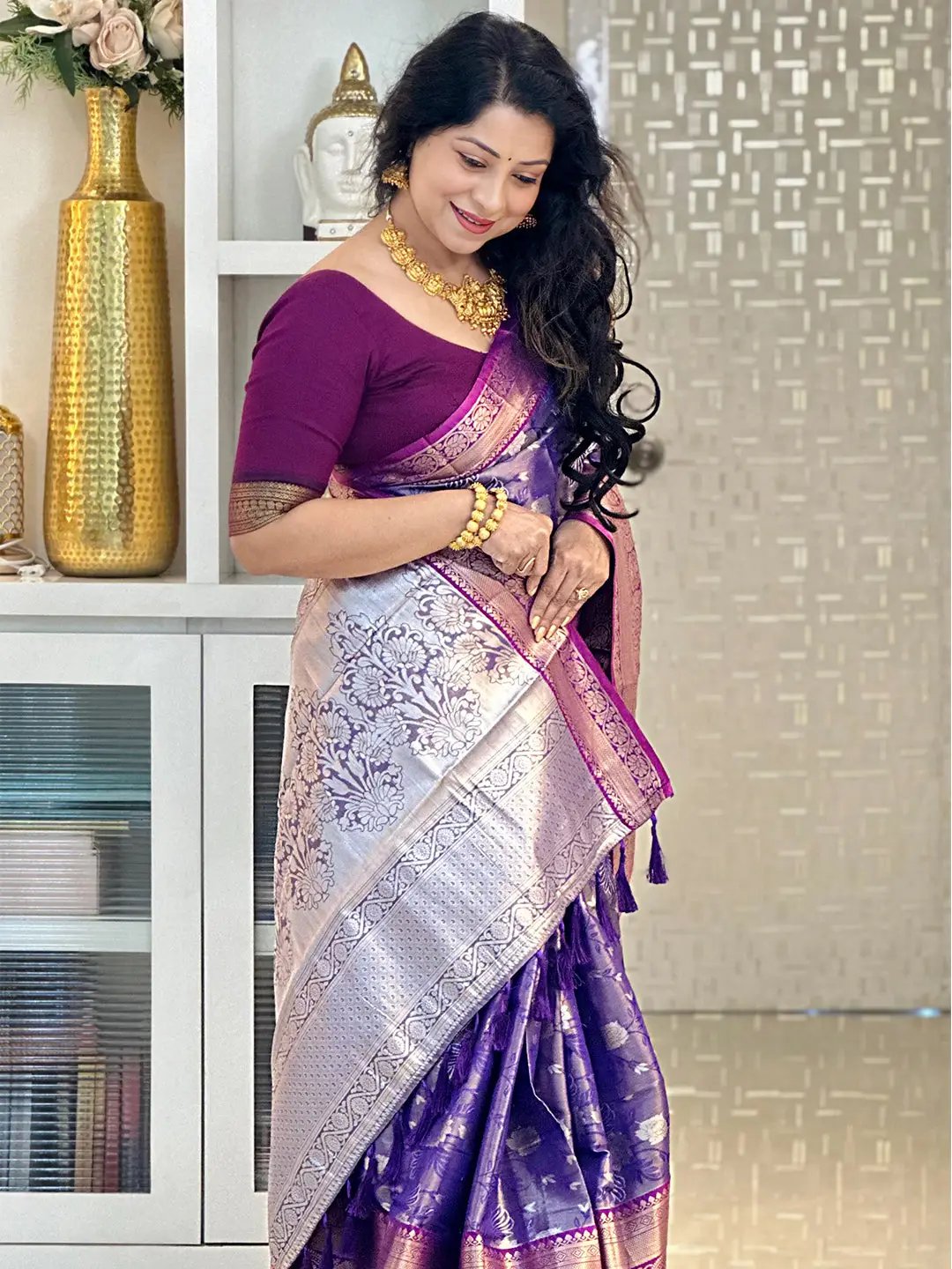  Stylish Purple Colour Tissue Silk Saree 