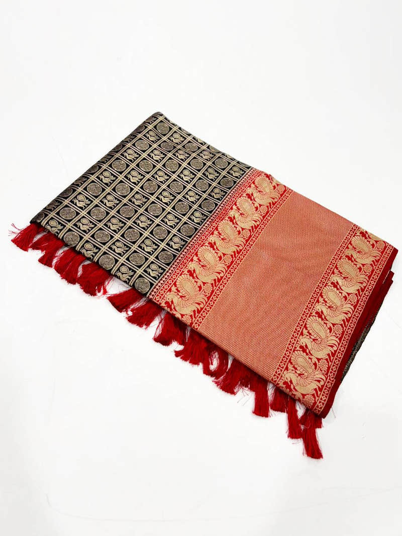 Black Silver Zari Butta Kanjivaram Silk Saree