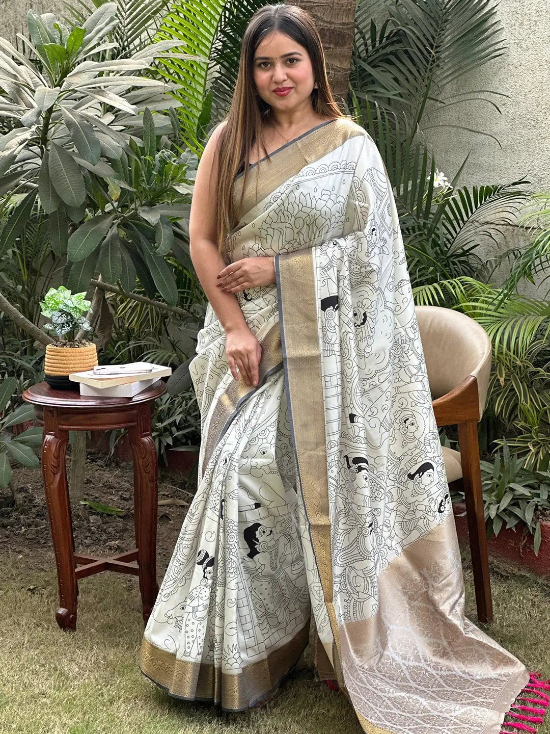 Stylish Kalamkari saree featuring detailed block prints