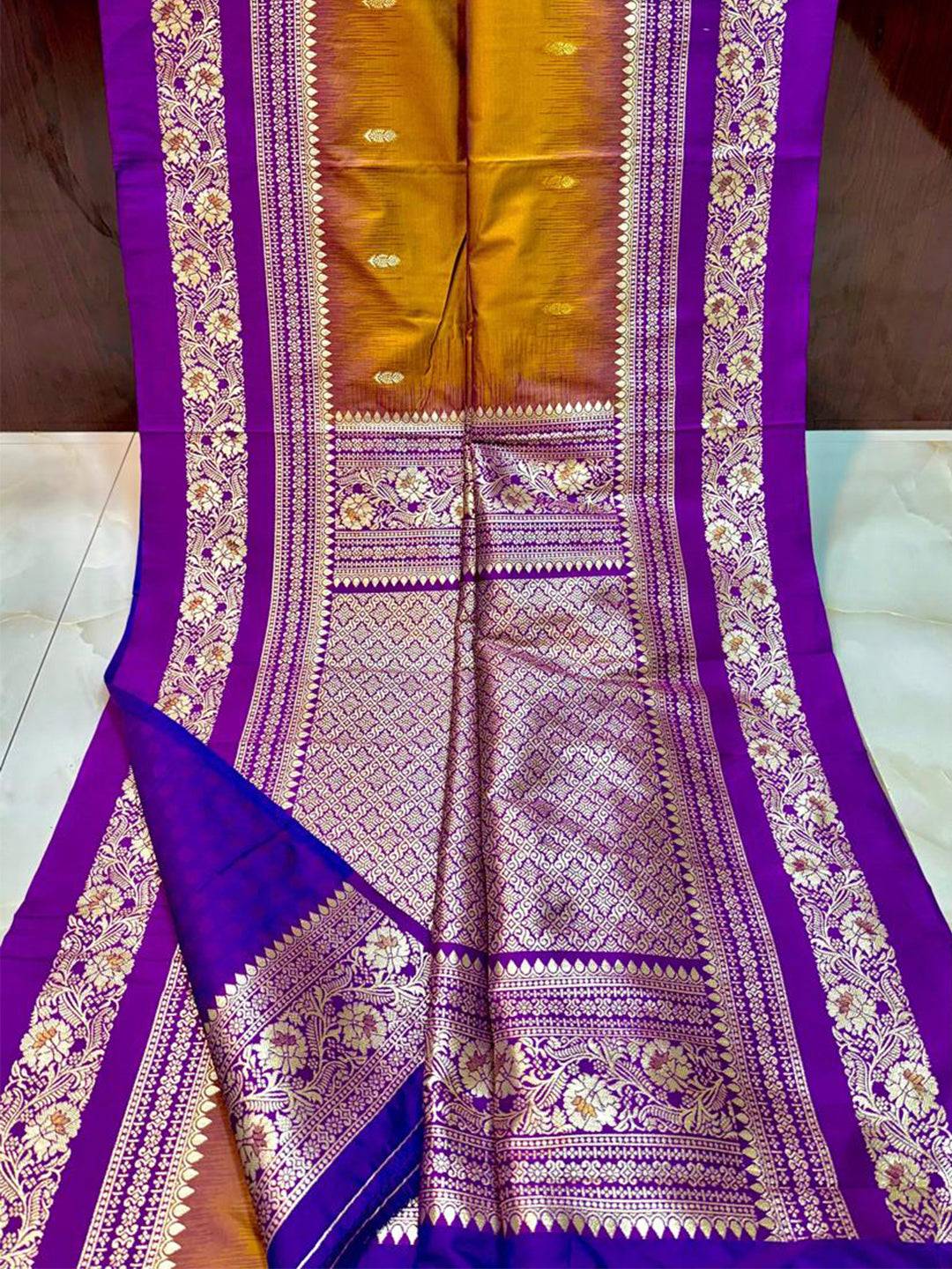 Gold Zari Woven Mustard Yellow Soft Silk Saree

