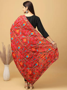 Back view of red Bollywood poly chiffon pashmina dupatta.