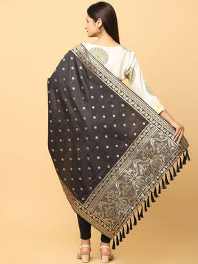 Back view of woven design silk blend black dupatta.