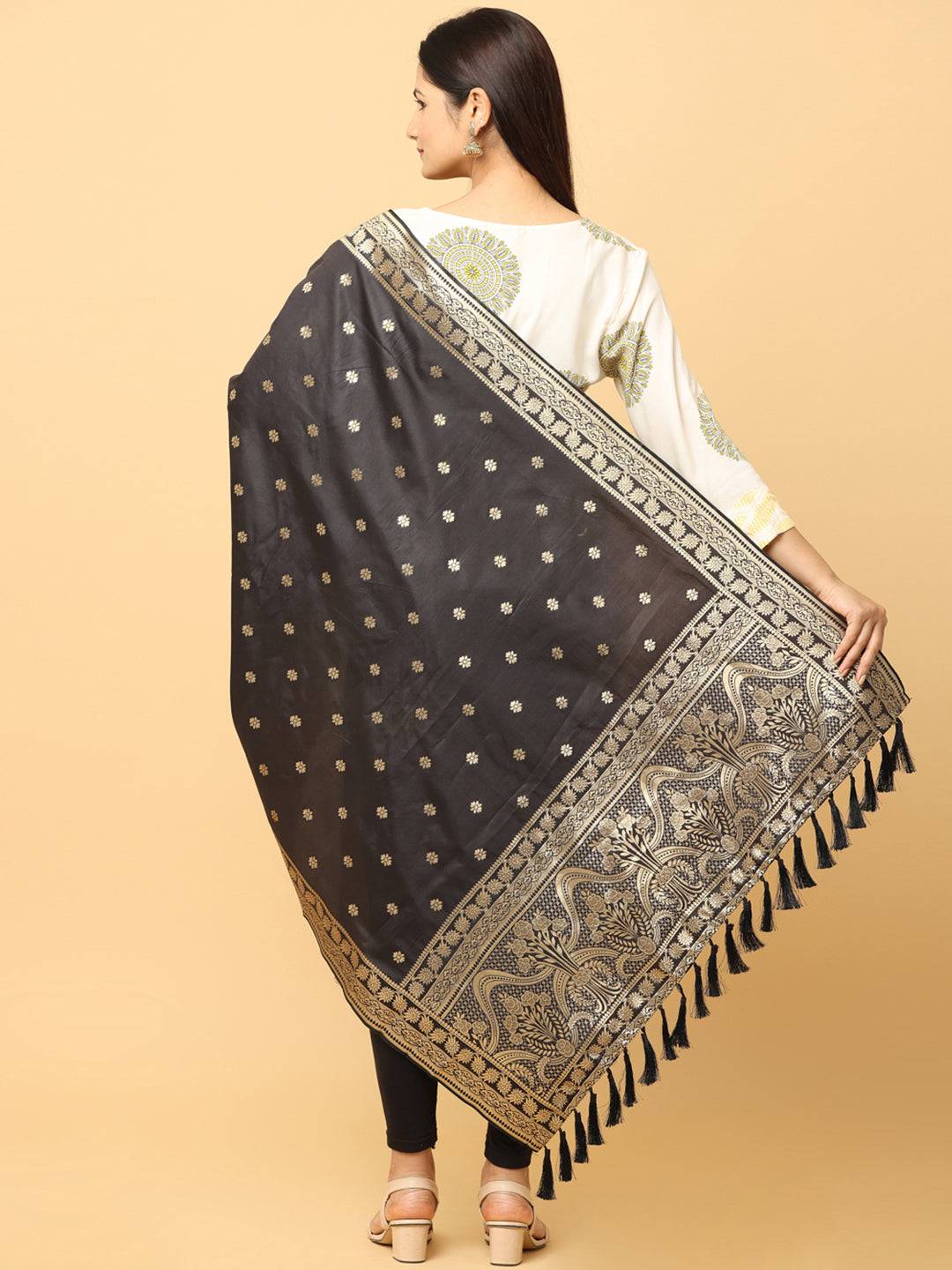 Back view of woven design silk blend black dupatta.