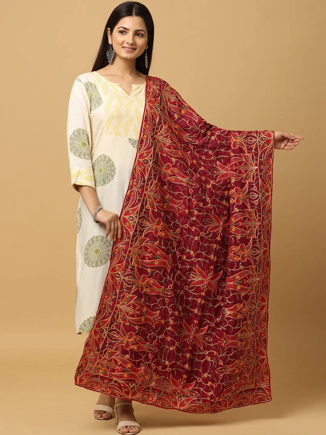 Wine Poly Chiffon Pashmina Dupatta with Threadwork