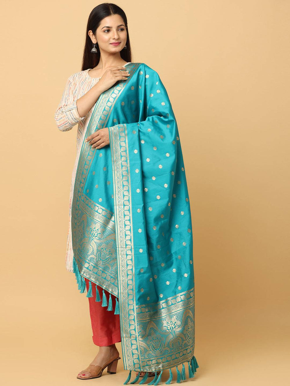 Elegant turquoise dupatta with woven design and tassels